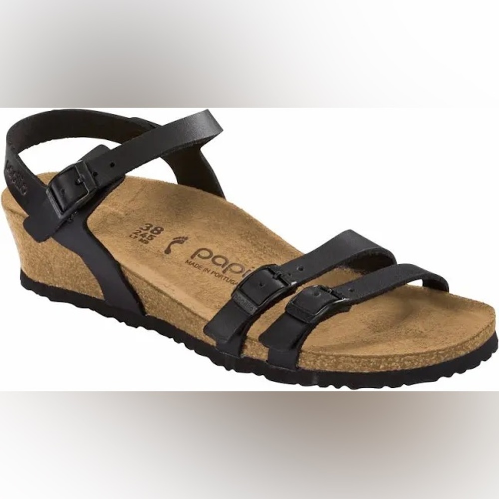 Papillio By Birkenstock Lana Black Leather Wedge Heel Sandals NEW L 7 EU 38
